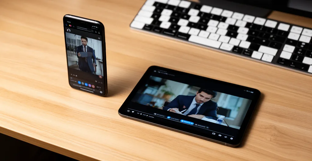 Smartphone vertical et tablette horizontale affichant même vidéo découpée en ligne