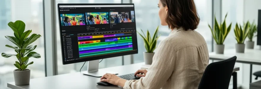 Professionnelle travaillant sur découpage vidéo en ligne dans espace de travail lumineux