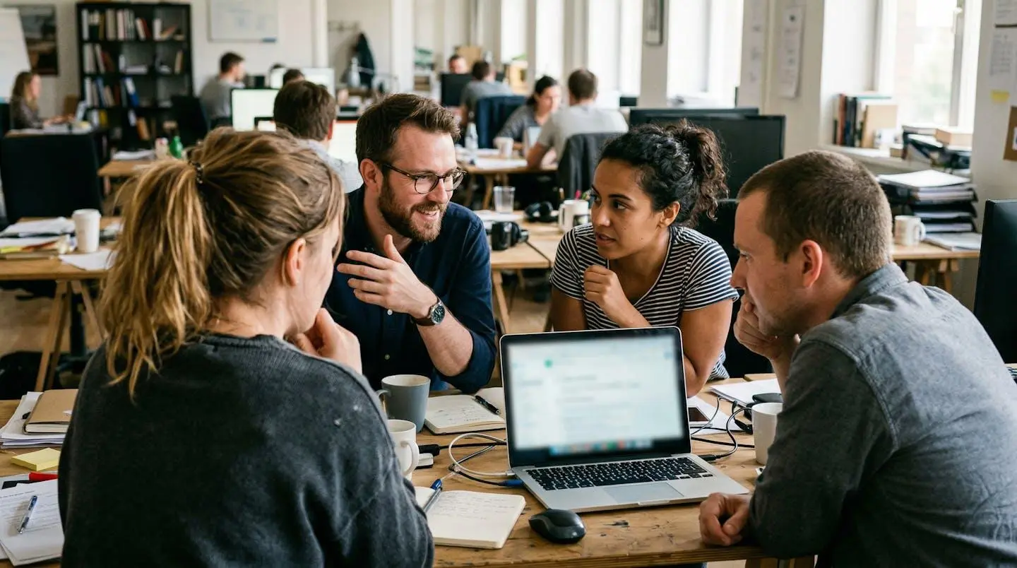 Une petite équipe discute autour d'un écran dans un espace de travail ouvert et lumineux