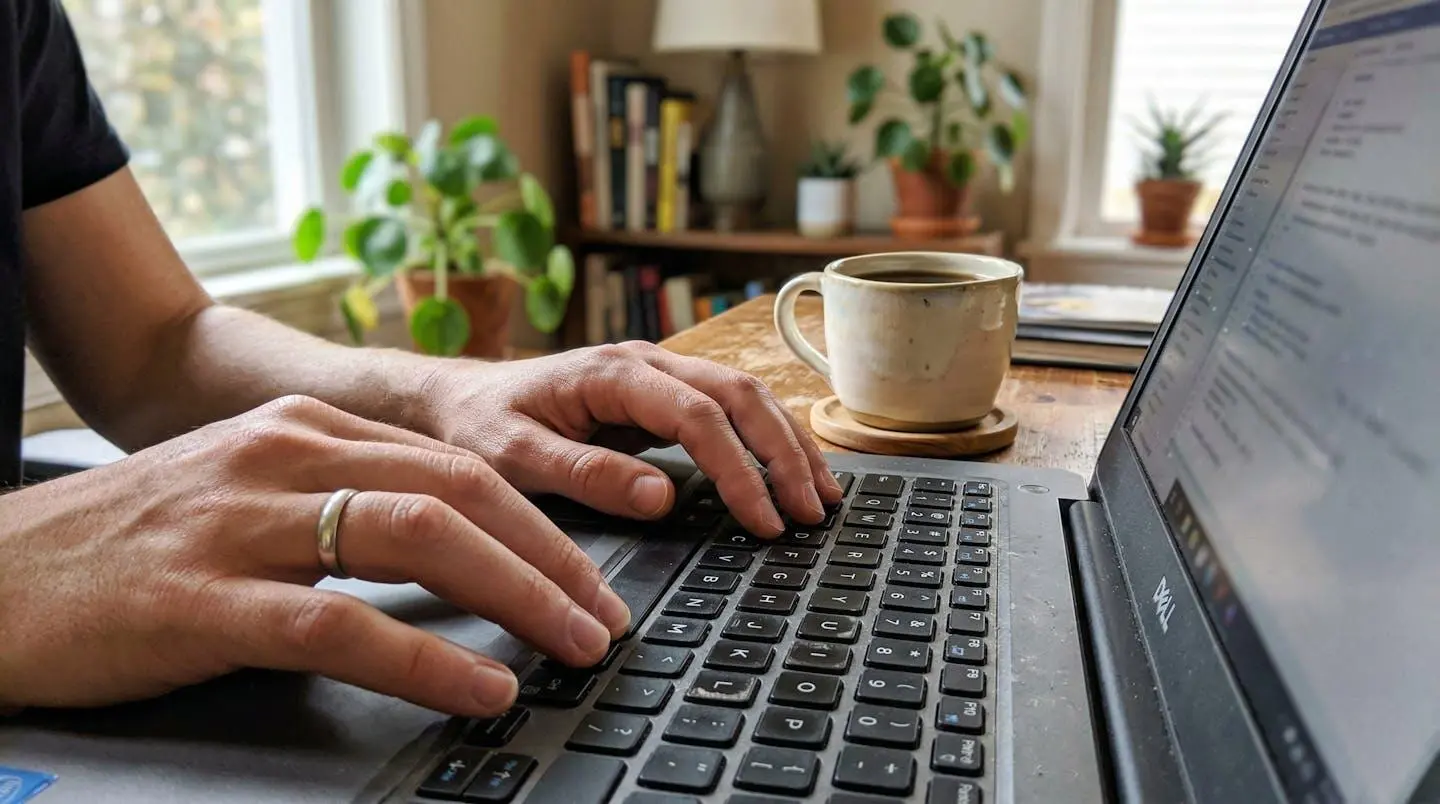 Des mains tapent sur un clavier d'ordinateur portable posé sur un bureau avec une tasse de café