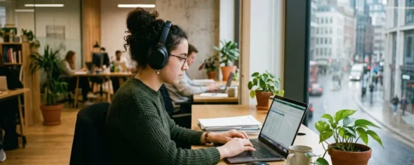 Une personne portant un casque audio travaille concentrée devant un ordinateur dans un bureau lumineux