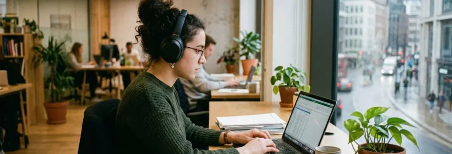 Une personne portant un casque audio travaille concentrée devant un ordinateur dans un bureau lumineux