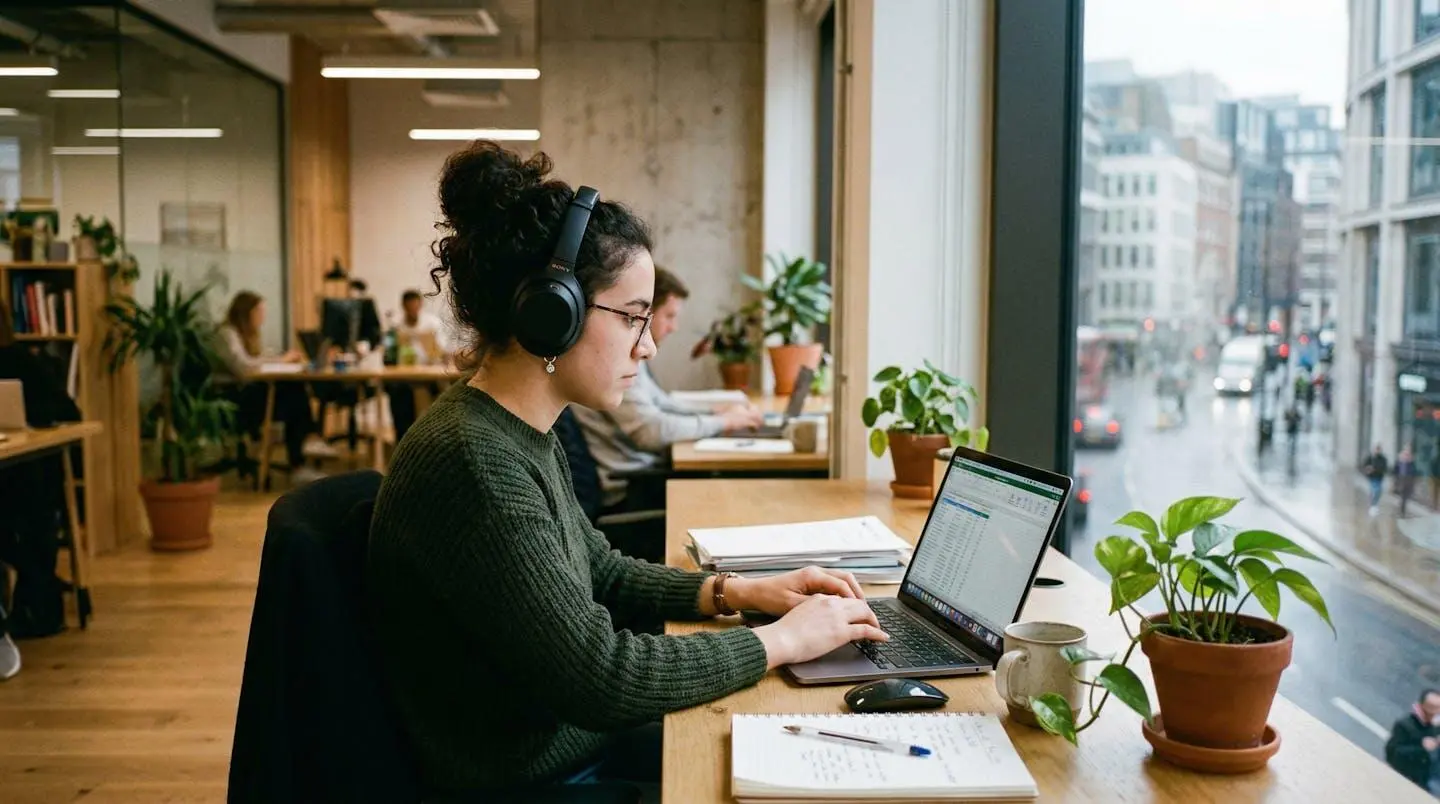 Une personne portant un casque audio travaille concentrée devant un ordinateur dans un bureau lumineux